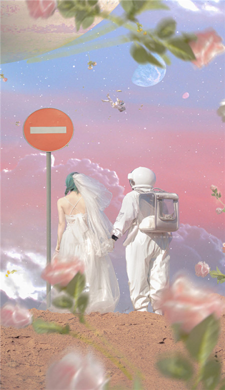 宇航员的浪漫婚纱情侣壁纸 喜欢大海日落以及一些爱而不得的东西