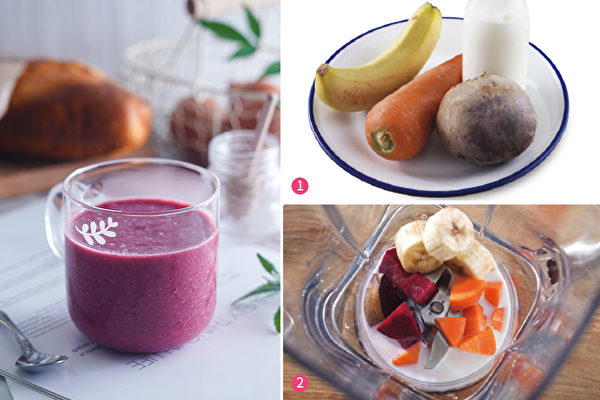 如果吃苹果和高丽菜会胀气的人,可以喝由香蕉、甜菜根和红萝卜制成的BBC果汁。(采实文化提供)